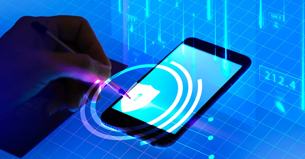 A smartphone screen with digital security graphics, representing identity verification and access control.